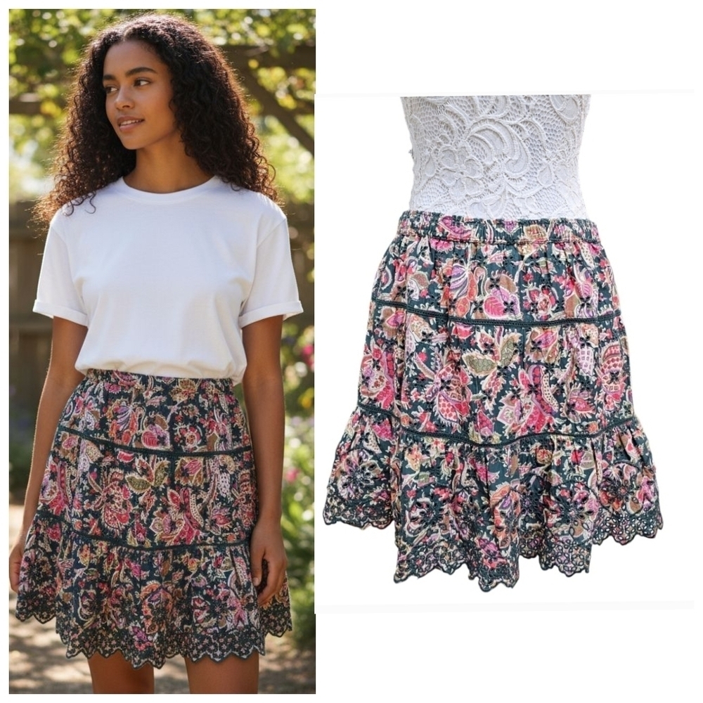 Jennifer & Grace Boho Floral Tiered Mini Skirt Size Medium Peasant Style Lace